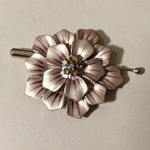 Vintage Silver Purple Flower Enamel Petals Rhinestone Center Pin Brooch Pendant